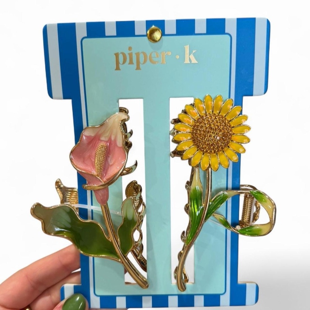 Piper K Floral Metal Hair Claw Clips Set of 2 Sunflower & Calla Lily NWT Gold